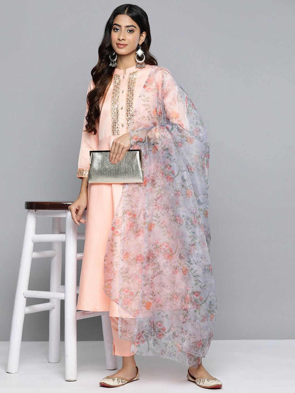 Jompers Women's Embroidered Mirror Work Kurta With Trousers & Dupatta - Peach | Grocsy