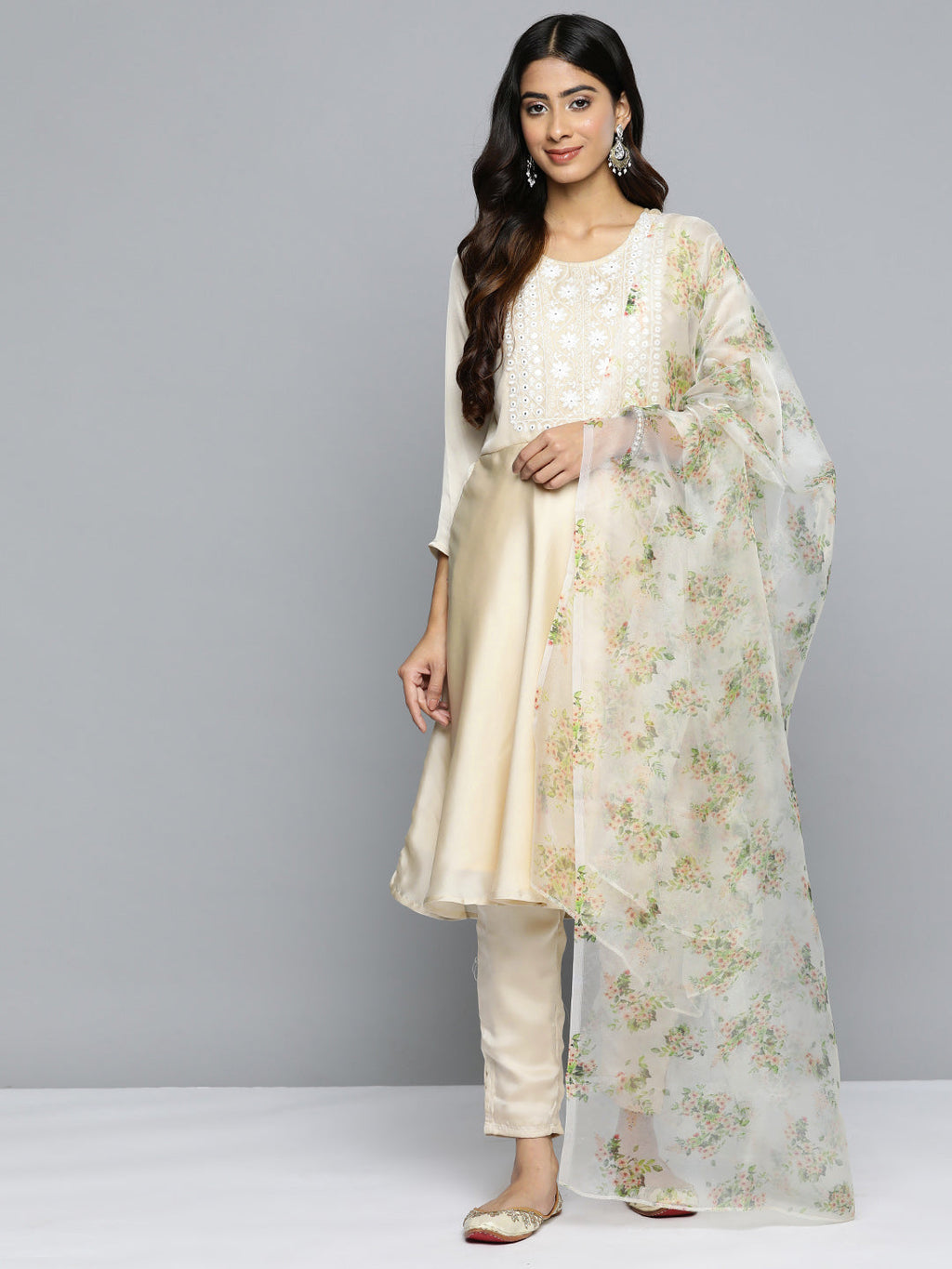 Jompers Women's Floral Embroidered Mirror Work Silk Georgette Kurta With Trousers & Dupatta - Beige | Grocsy
