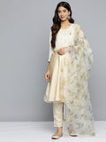Jompers Women's Floral Embroidered Mirror Work Silk Georgette Kurta With Trousers & Dupatta - Beige | Grocsy