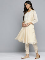 Jompers Women's Floral Embroidered Mirror Work Silk Georgette Kurta With Trousers & Dupatta - Beige | Grocsy
