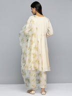 Jompers Women's Floral Embroidered Mirror Work Silk Georgette Kurta With Trousers & Dupatta - Beige | Grocsy