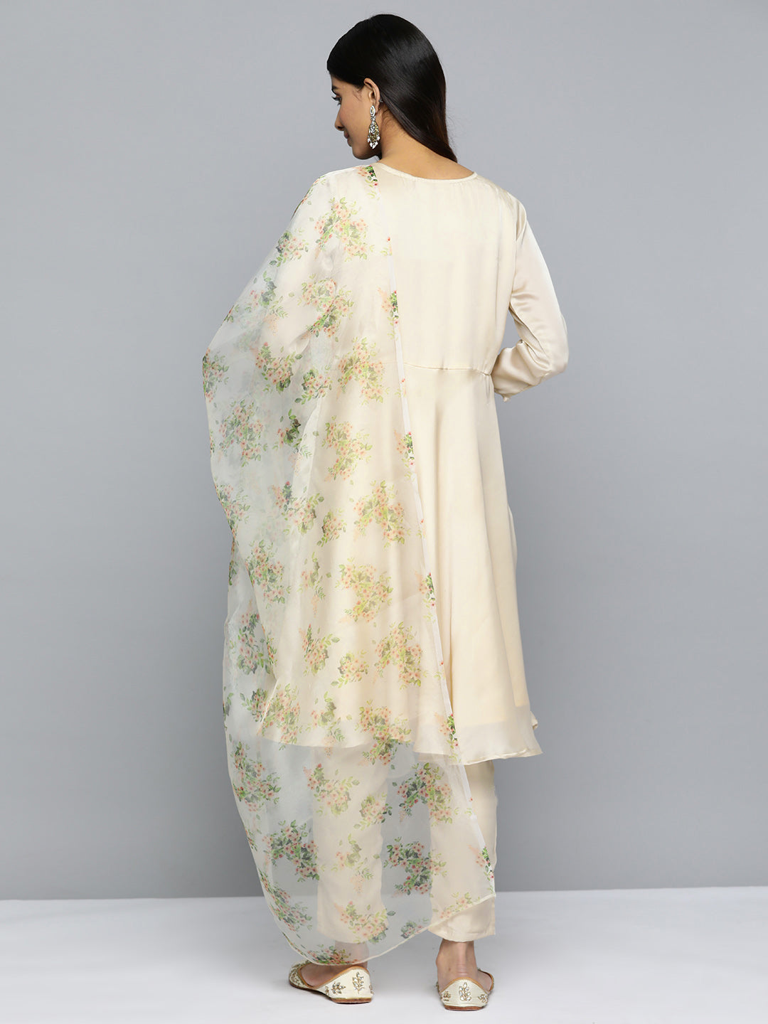 Jompers Women's Floral Embroidered Mirror Work Silk Georgette Kurta With Trousers & Dupatta - Beige | Grocsy