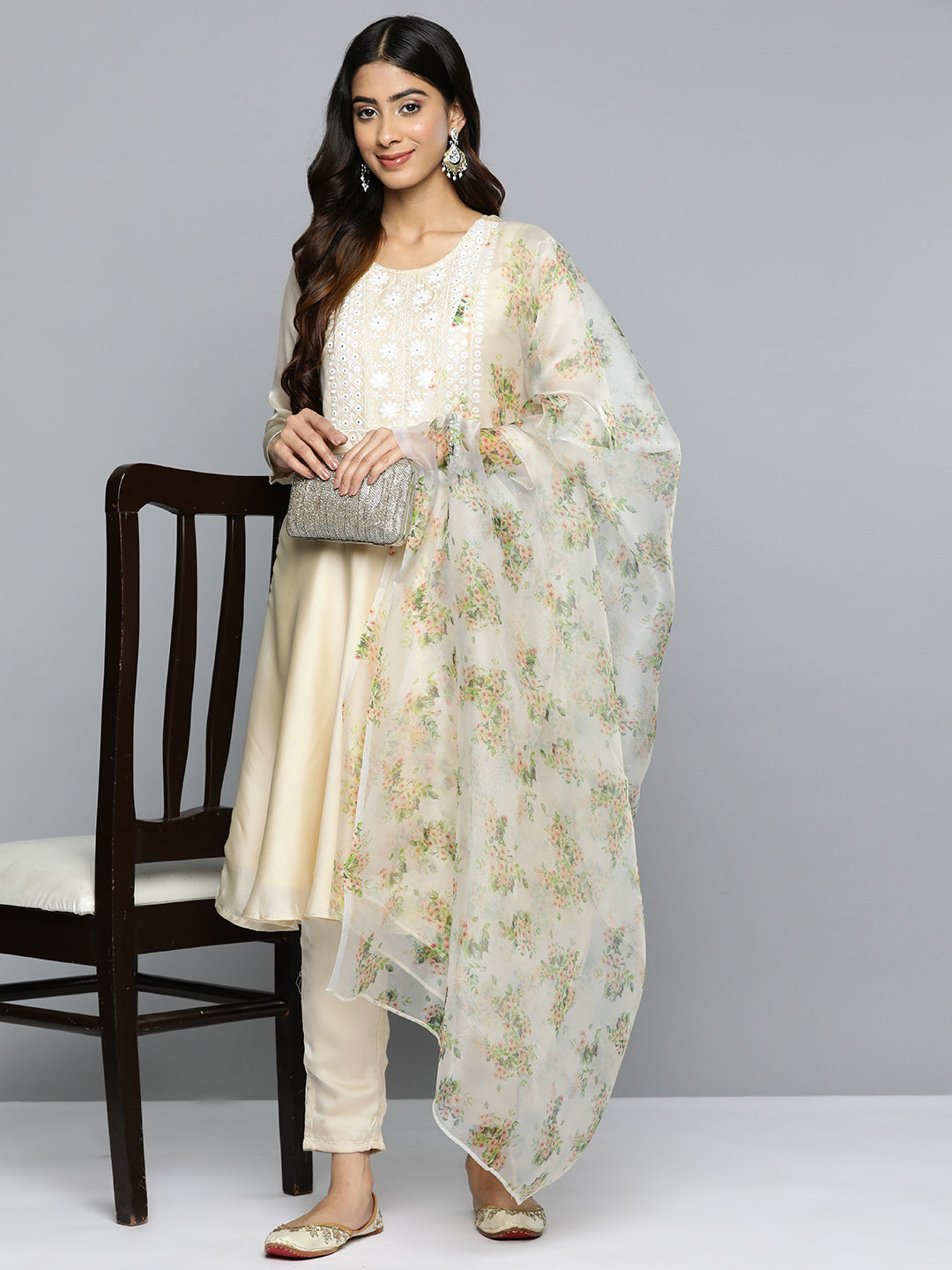 Jompers Women's Floral Embroidered Mirror Work Silk Georgette Kurta With Trousers & Dupatta - Beige | Grocsy