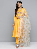 Jompers Women's Floral Embroidered Mirror Work Silk Georgette Kurta With Trousers & Dupatta - Yellow | Grocsy