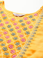 Jompers Women's Floral Embroidered Mirror Work Silk Georgette Kurta With Trousers & Dupatta - Yellow | Grocsy