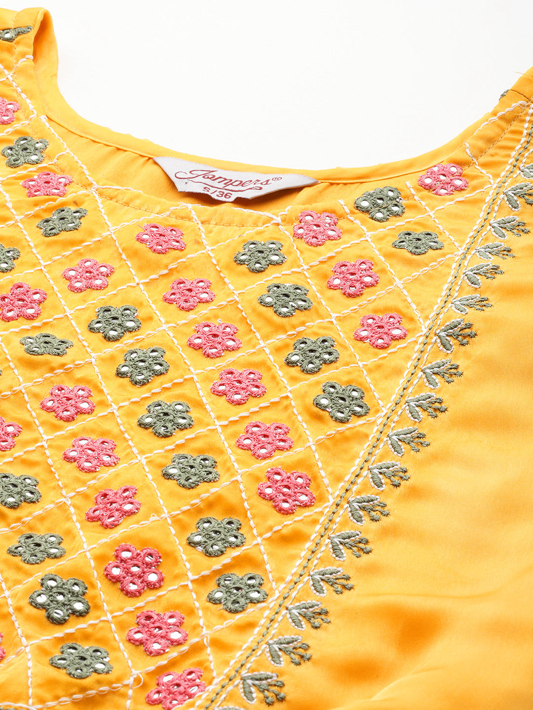Jompers Women's Floral Embroidered Mirror Work Silk Georgette Kurta With Trousers & Dupatta - Yellow | Grocsy
