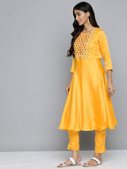 Jompers Women's Floral Embroidered Mirror Work Silk Georgette Kurta With Trousers & Dupatta - Yellow | Grocsy