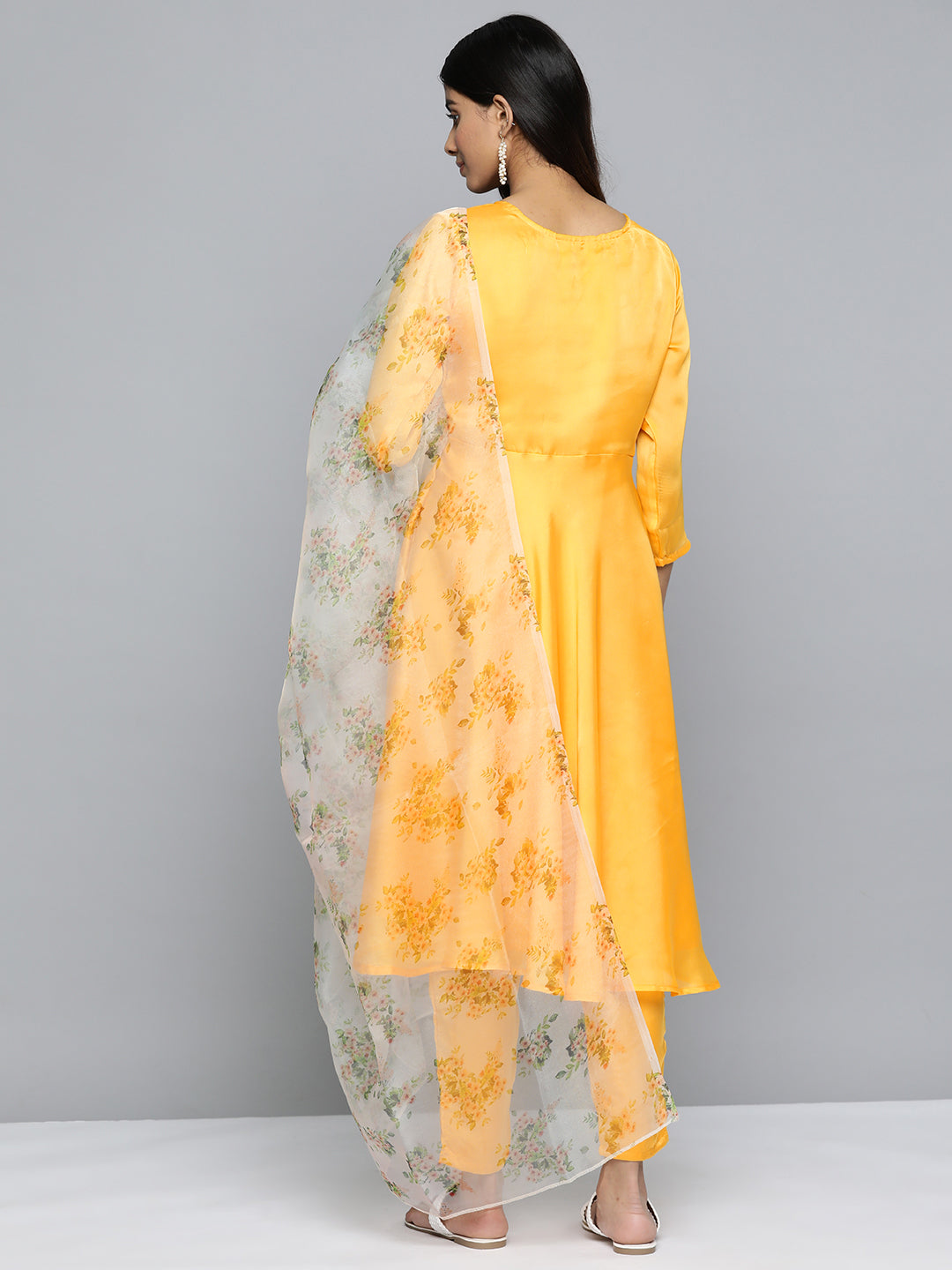 Jompers Women's Floral Embroidered Mirror Work Silk Georgette Kurta With Trousers & Dupatta - Yellow | Grocsy