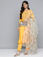 Jompers Women's Floral Embroidered Mirror Work Silk Georgette Kurta With Trousers & Dupatta - Yellow | Grocsy