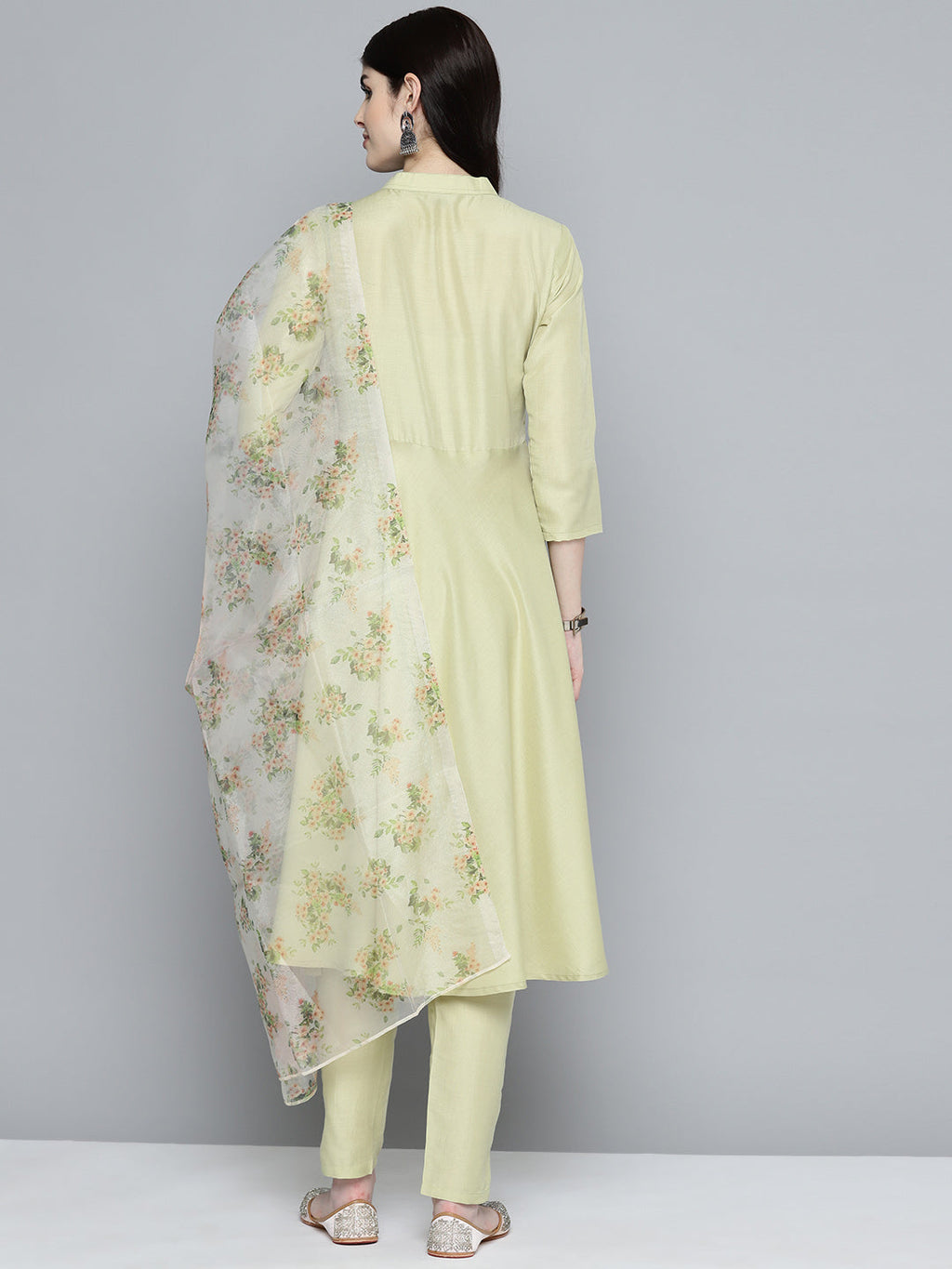 Jompers Women's Embroidered falred kurta, printed dupatta with pants - Lime | Grocsy