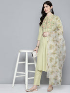 Jompers Women's Embroidered falred kurta, printed dupatta with pants - Lime | Grocsy
