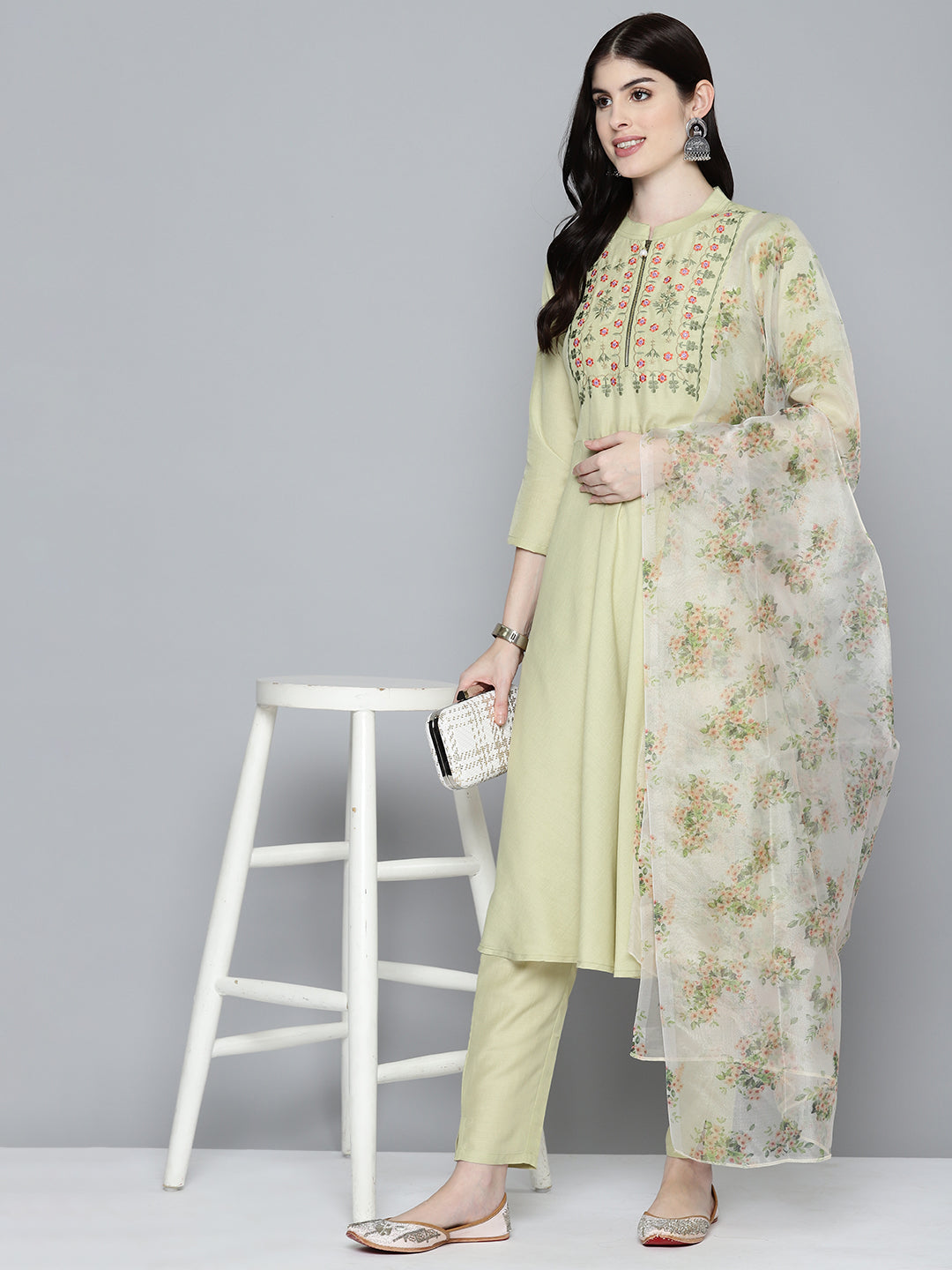 Jompers Women's Embroidered falred kurta, printed dupatta with pants - Lime | Grocsy