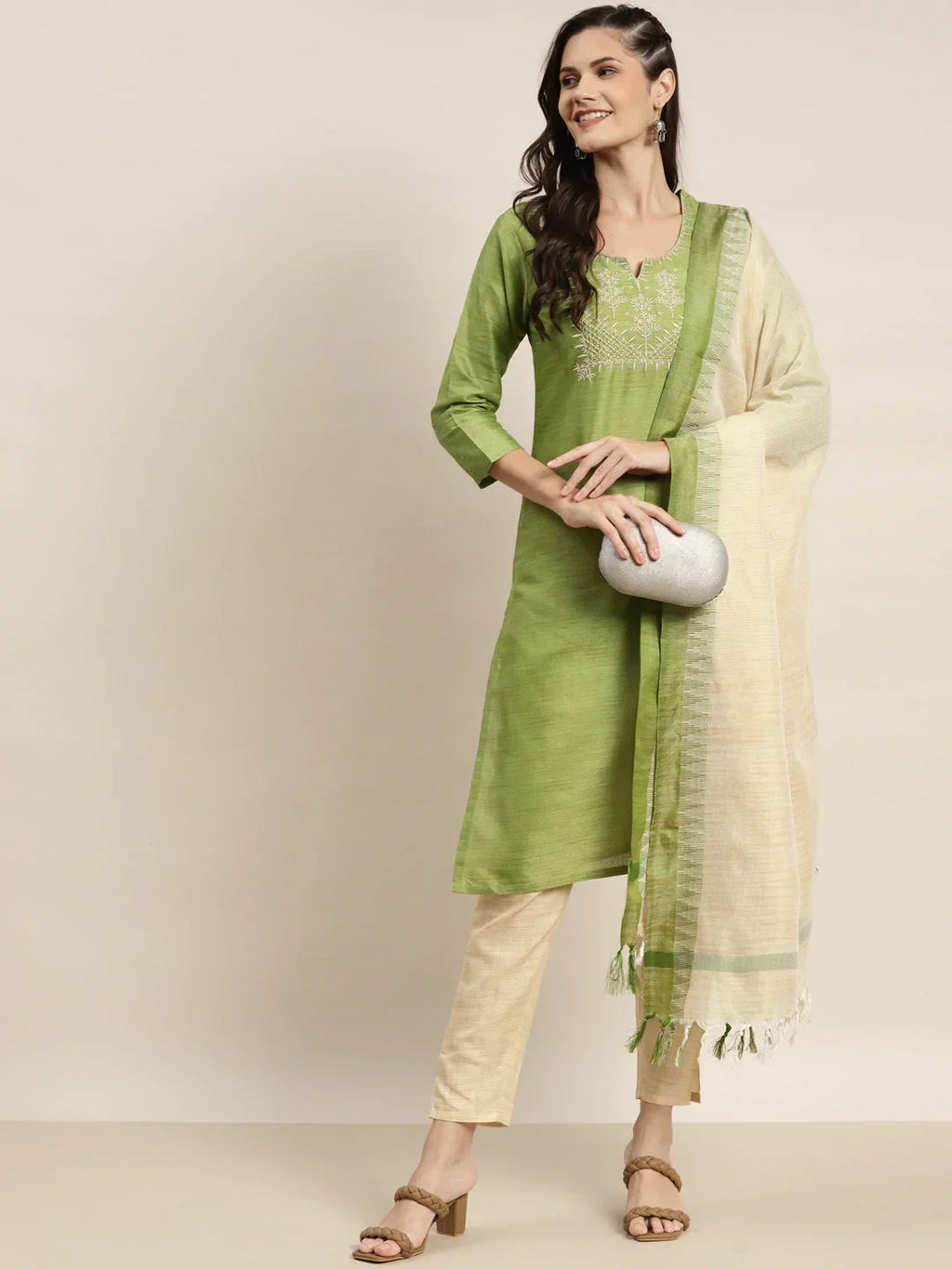 Jompers Women's Yoke Design Cotton Silk Kurta with Trousers & Dupatta - Green | Grocsy
