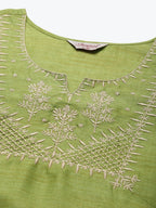 Jompers Women's Yoke Design Cotton Silk Kurta with Trousers & Dupatta - Green | Grocsy