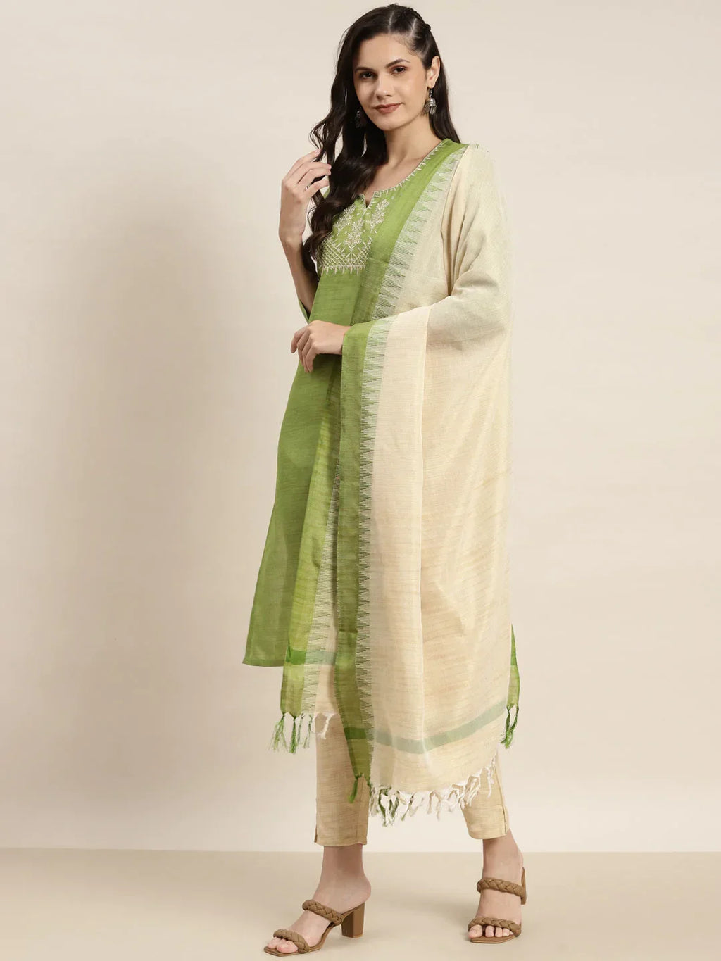 Jompers Women's Yoke Design Cotton Silk Kurta with Trousers & Dupatta - Green | Grocsy