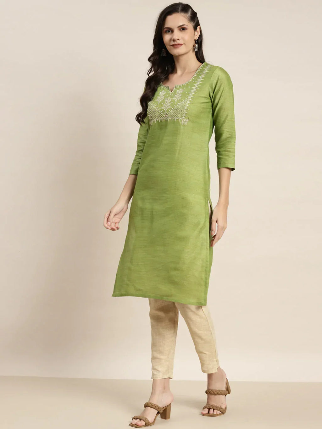 Jompers Women's Yoke Design Cotton Silk Kurta with Trousers & Dupatta - Green | Grocsy