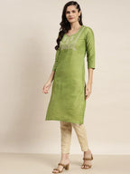 Jompers Women's Yoke Design Cotton Silk Kurta with Trousers & Dupatta - Green | Grocsy