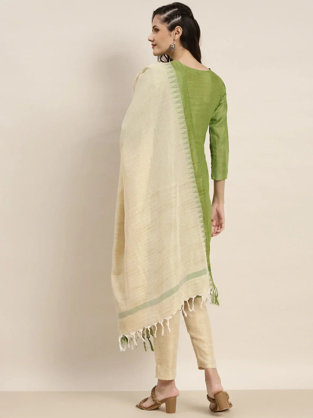 Jompers Women's Yoke Design Cotton Silk Kurta with Trousers & Dupatta - Green | Grocsy
