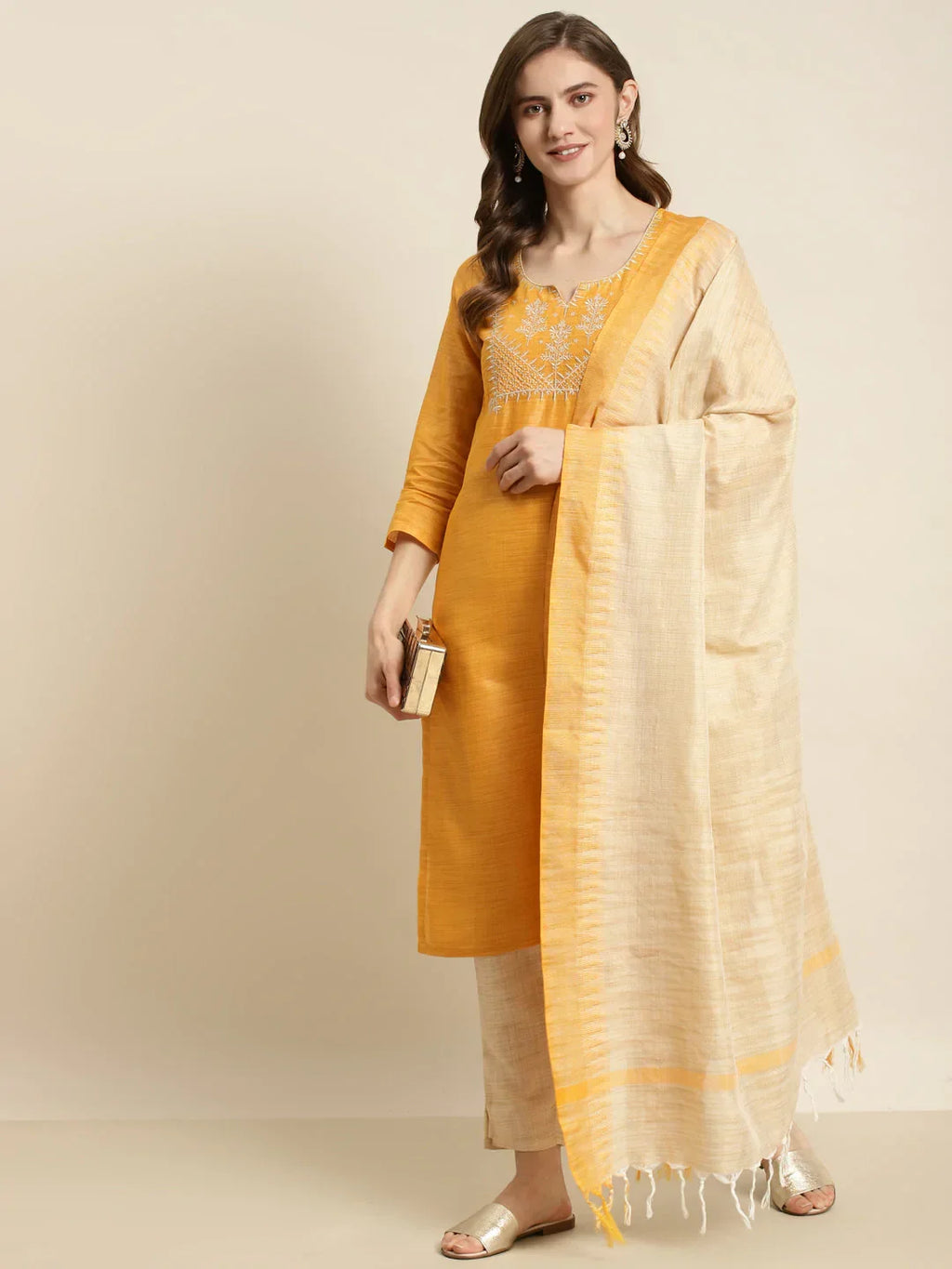 Jompers Women's Yoke Design Cotton Silk Kurta with Trousers & Dupatta - Yellow | Grocsy