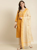 Jompers Women's Yoke Design Cotton Silk Kurta with Trousers & Dupatta - Yellow | Grocsy