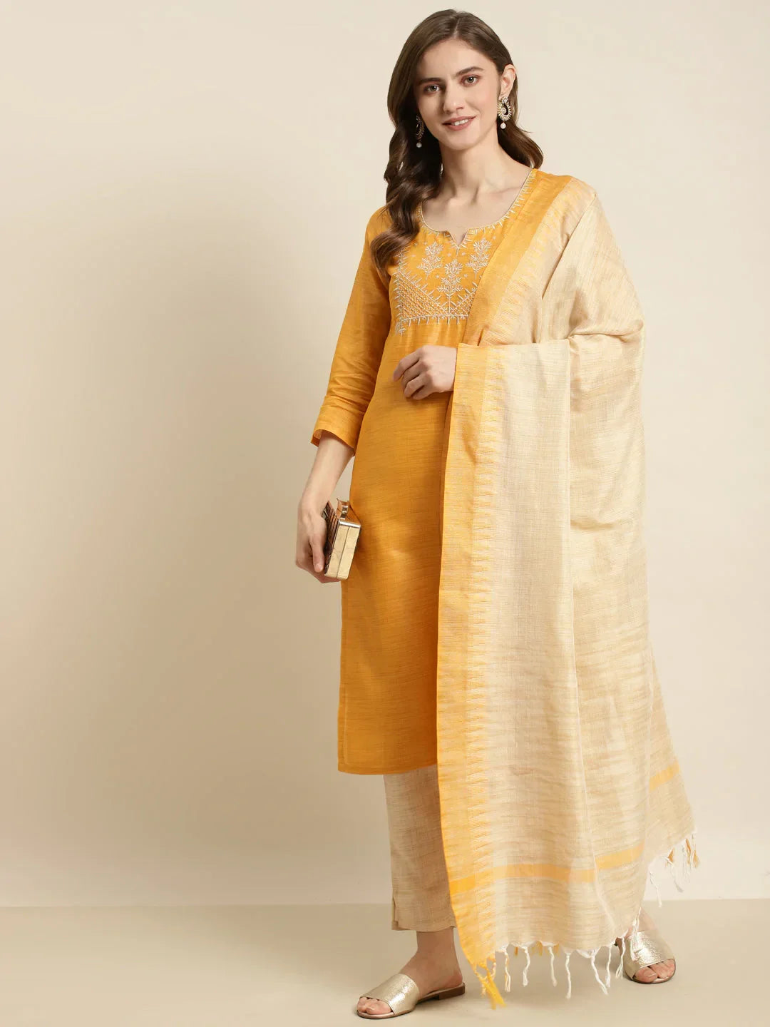 Jompers Women's Yoke Design Cotton Silk Kurta with Trousers & Dupatta - Yellow | Grocsy