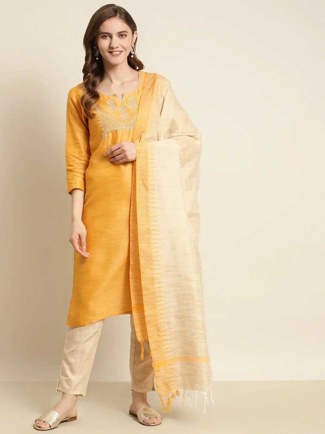 Jompers Women's Yoke Design Cotton Silk Kurta with Trousers & Dupatta - Yellow | Grocsy