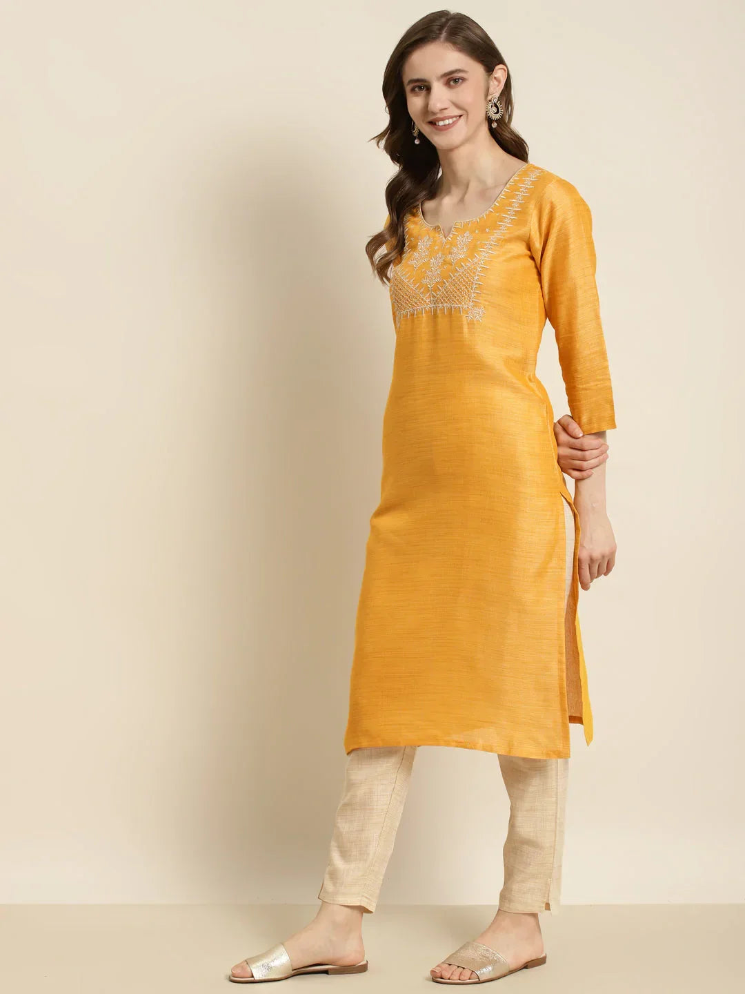 Jompers Women's Yoke Design Cotton Silk Kurta with Trousers & Dupatta - Yellow | Grocsy
