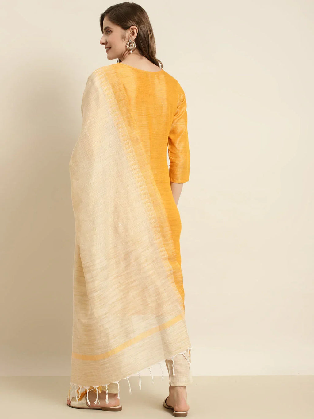 Jompers Women's Yoke Design Cotton Silk Kurta with Trousers & Dupatta - Yellow | Grocsy