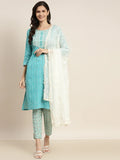 Jompers Women's Printed Gotta Patti Kurta with Trousers & Dupatta - Blue | Grocsy