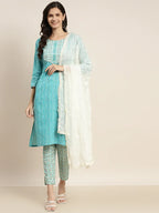 Jompers Women's Printed Gotta Patti Kurta with Trousers & Dupatta - Blue | Grocsy