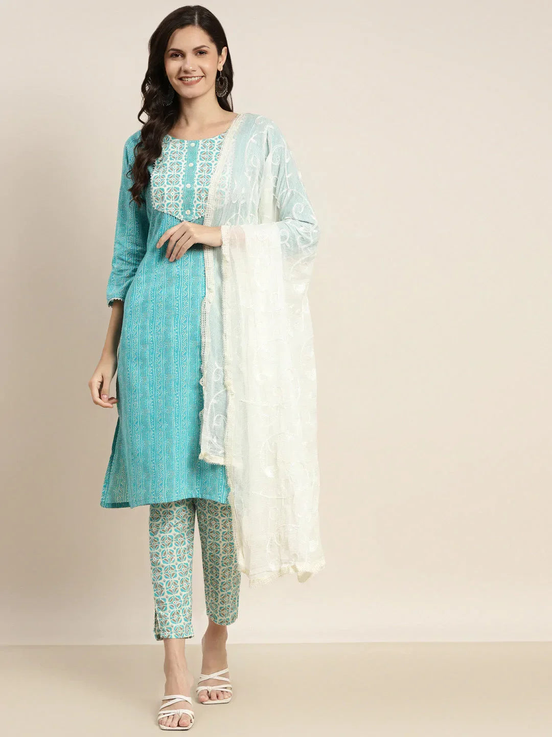 Jompers Women's Printed Gotta Patti Kurta with Trousers & Dupatta - Blue | Grocsy