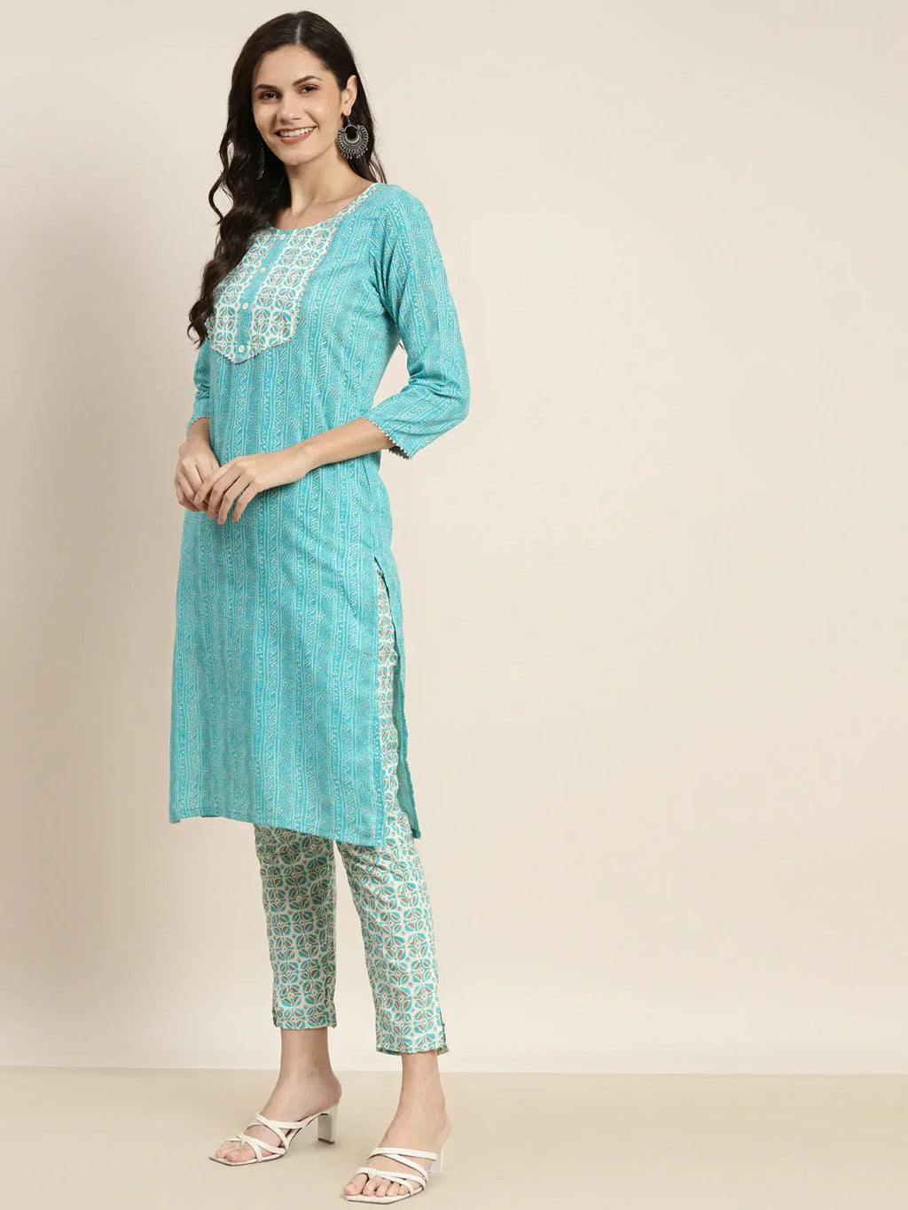 Jompers Women's Printed Gotta Patti Kurta with Trousers & Dupatta - Blue | Grocsy