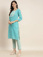 Jompers Women's Printed Gotta Patti Kurta with Trousers & Dupatta - Blue | Grocsy