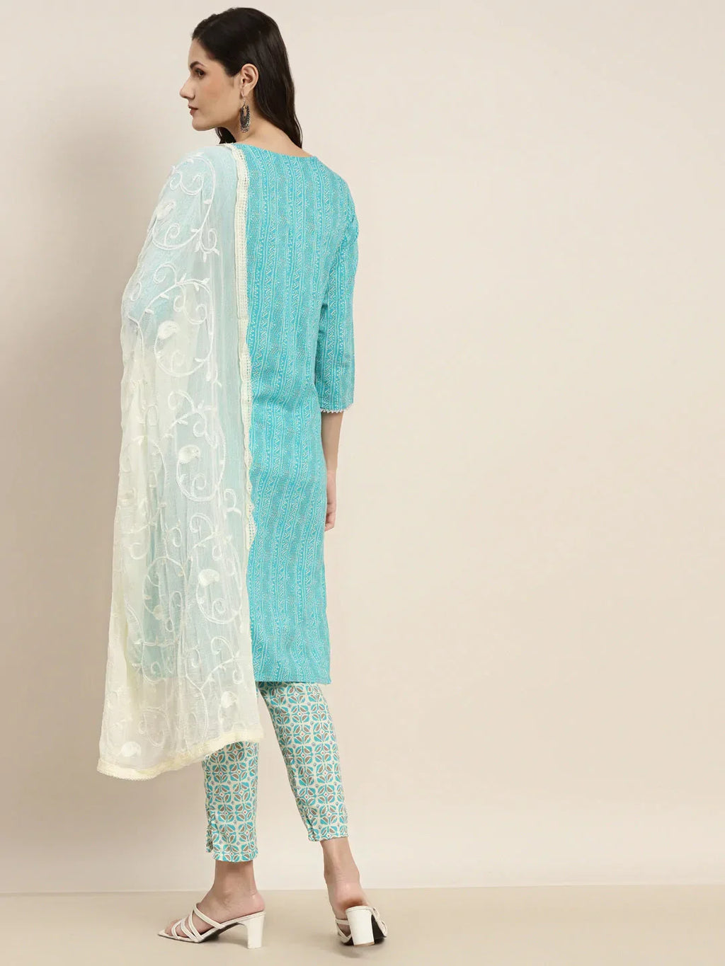 Jompers Women's Printed Gotta Patti Kurta with Trousers & Dupatta - Blue | Grocsy