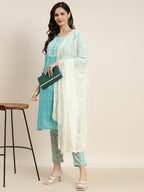 Jompers Women's Printed Gotta Patti Kurta with Trousers & Dupatta - Blue | Grocsy