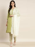 Jompers Women's Printed Gotta Patti Kurta with Trousers & Dupatta - Green | Grocsy