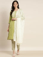 Jompers Women's Printed Gotta Patti Kurta with Trousers & Dupatta - Green | Grocsy