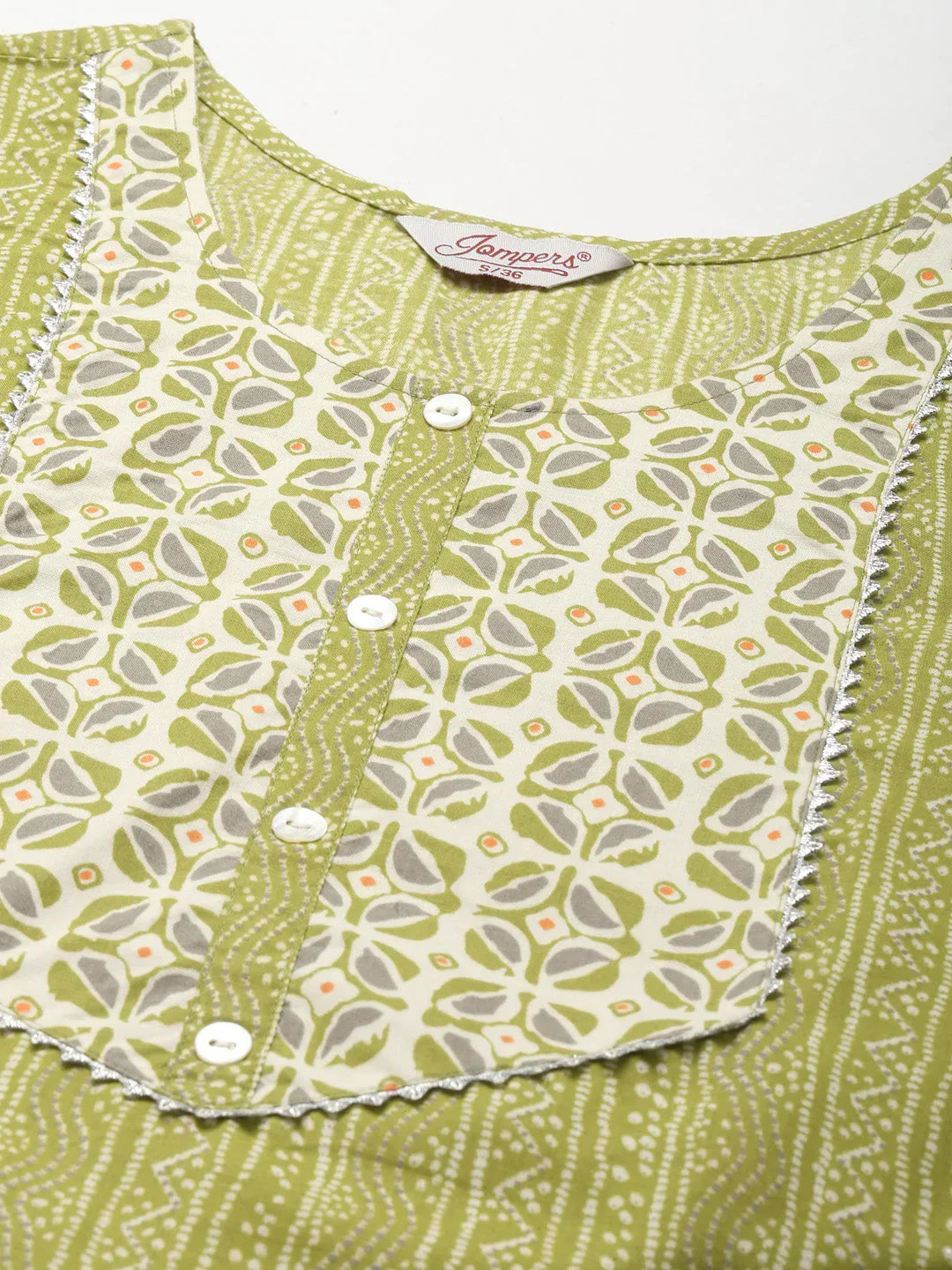 Jompers Women's Printed Gotta Patti Kurta with Trousers & Dupatta - Green | Grocsy