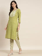 Jompers Women's Printed Gotta Patti Kurta with Trousers & Dupatta - Green | Grocsy
