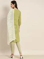 Jompers Women's Printed Gotta Patti Kurta with Trousers & Dupatta - Green | Grocsy