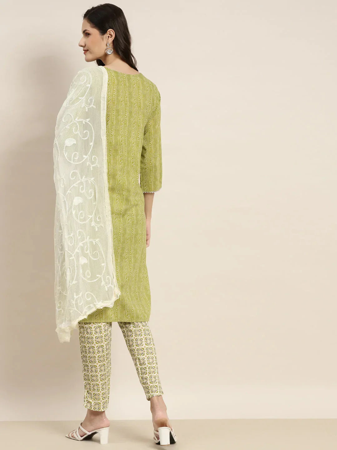 Jompers Women's Printed Gotta Patti Kurta with Trousers & Dupatta - Green | Grocsy
