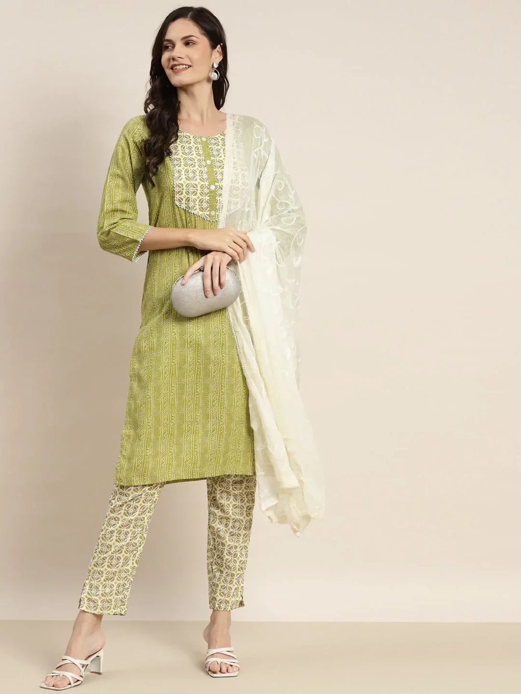 Jompers Women's Printed Gotta Patti Kurta with Trousers & Dupatta - Green | Grocsy