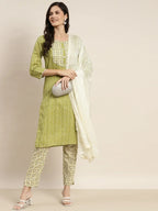 Jompers Women's Printed Gotta Patti Kurta with Trousers & Dupatta - Green | Grocsy
