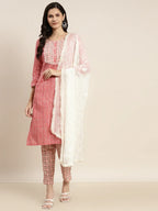 Jompers Women's Printed Gotta Patti Kurta with Trousers & Dupatta - Red | Grocsy