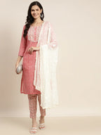 Jompers Women's Printed Gotta Patti Kurta with Trousers & Dupatta - Red | Grocsy