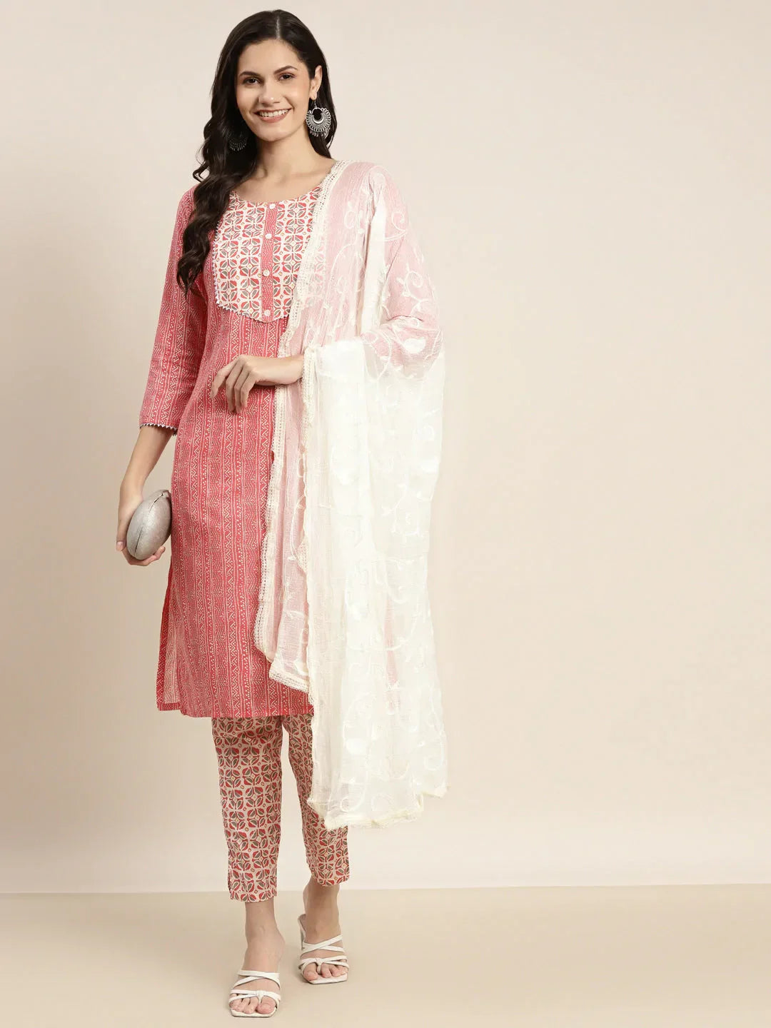 Jompers Women's Printed Gotta Patti Kurta with Trousers & Dupatta - Red | Grocsy