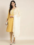 Jompers Women's Printed Gotta Patti Kurta with Trousers & Dupatta - Yellow | Grocsy