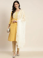 Jompers Women's Printed Gotta Patti Kurta with Trousers & Dupatta - Yellow | Grocsy