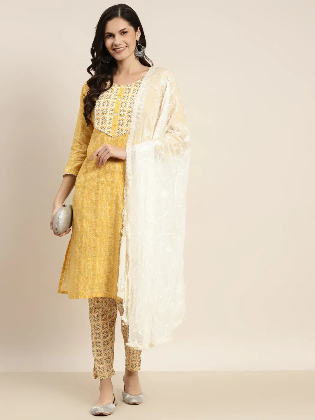 Jompers Women's Printed Gotta Patti Kurta with Trousers & Dupatta - Yellow | Grocsy