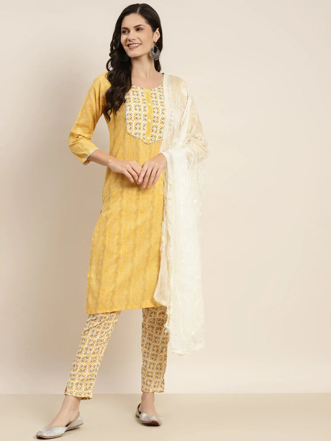 Jompers Women's Printed Gotta Patti Kurta with Trousers & Dupatta - Yellow | Grocsy